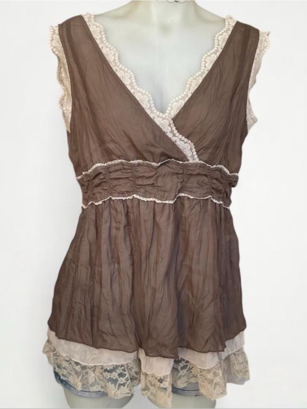 Ideology | Y2K Brown Lace Layered Babydoll Tunic Top | M